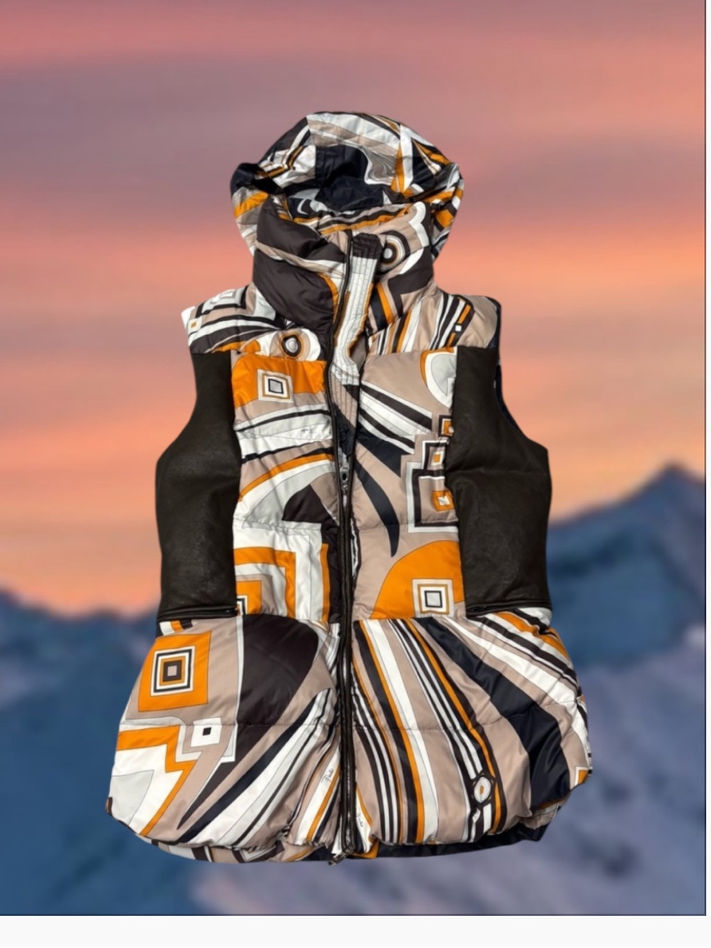 Emilio Pucci Multicolor Geometric Print Puffer Vest with Hood